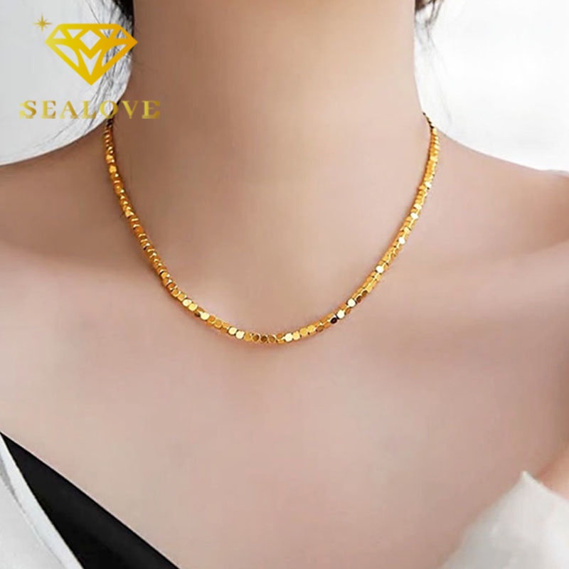 Kalung Titanium Wanita Keberuntungan Kubus Nugget Emas 18K Anti Karat Mewah Korea Aksesoris Perhiasan