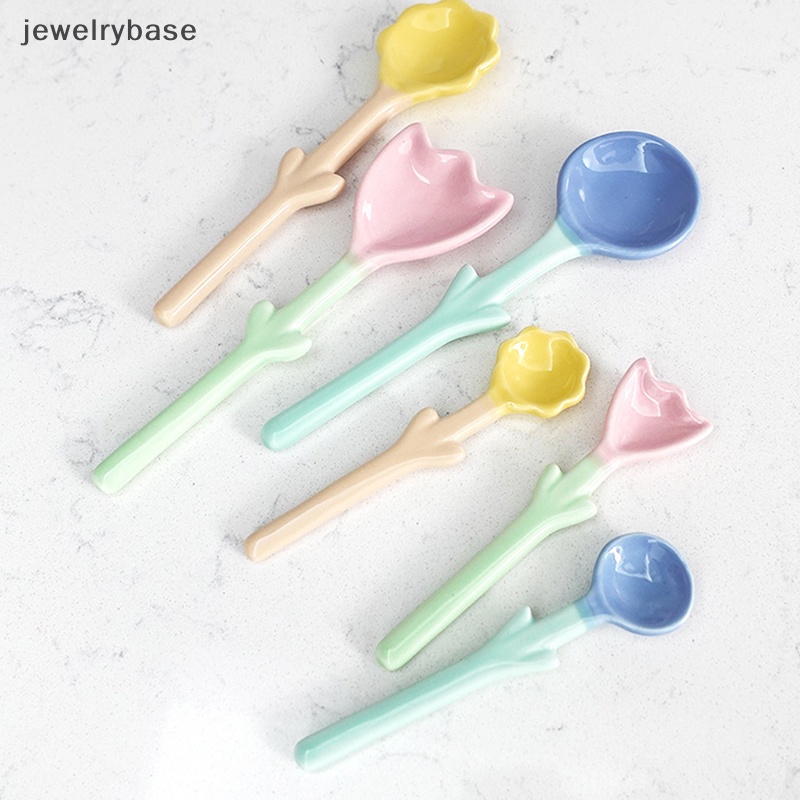 [jewelrybase] 1pc Tulip Shaped Ceramic Spoon 3D Flowers Sendok Kopi Sarapan Dessert Spoon Butik