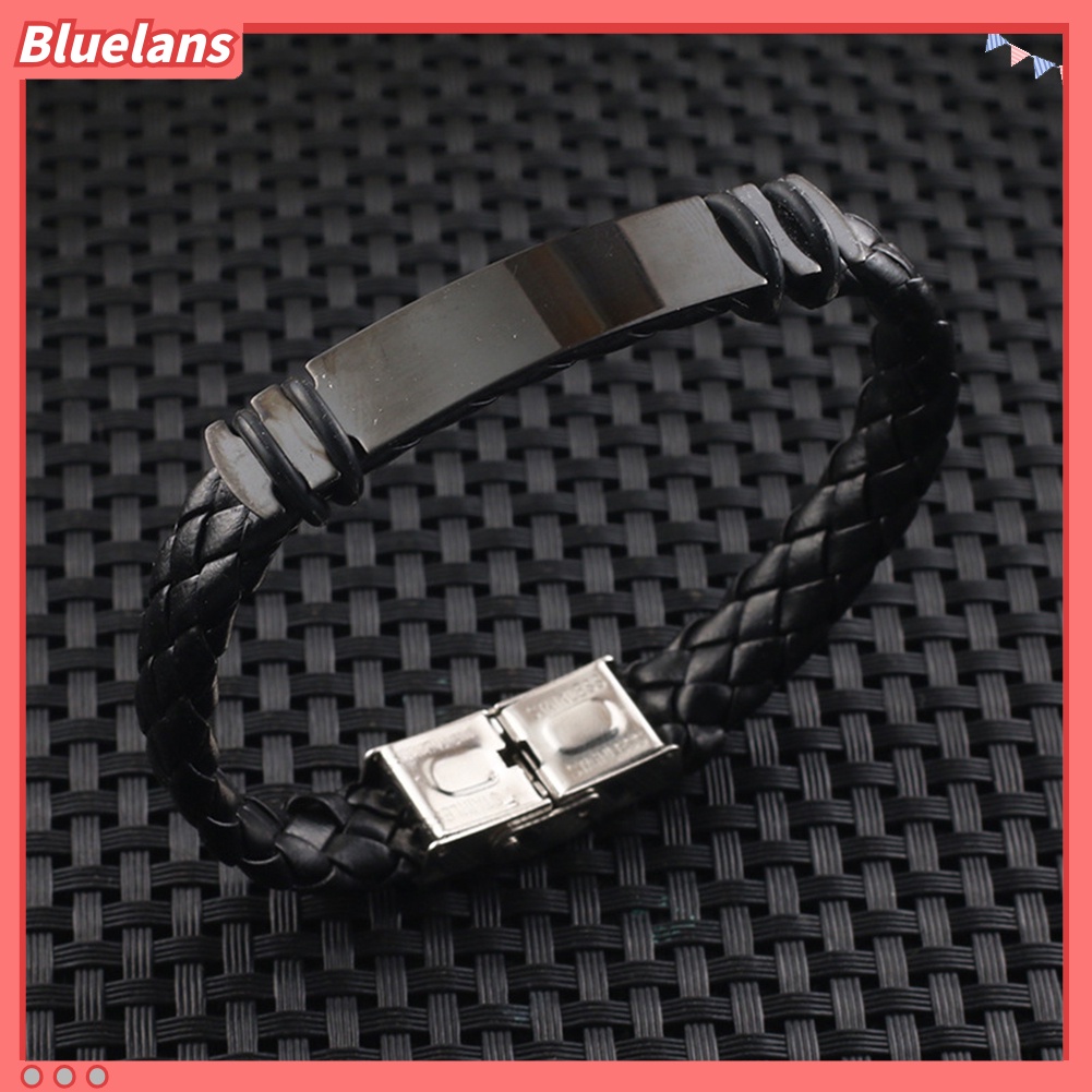 [BLS] Fashion Pria Silikon Faux Braided Leather Buckle Clasp Gelang Bangle Perhiasan
