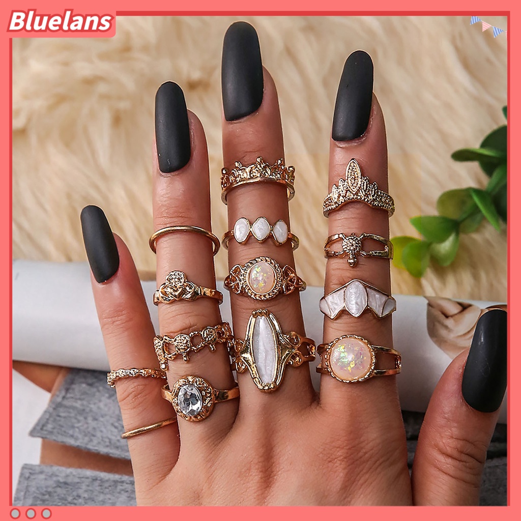 [BLS] 14pcs Hollow Stackable Knuckle Rings Alloy Gaya Etnik Langit Berbintang Permata Imitasi Jari Rings Perhiasan Aksesori