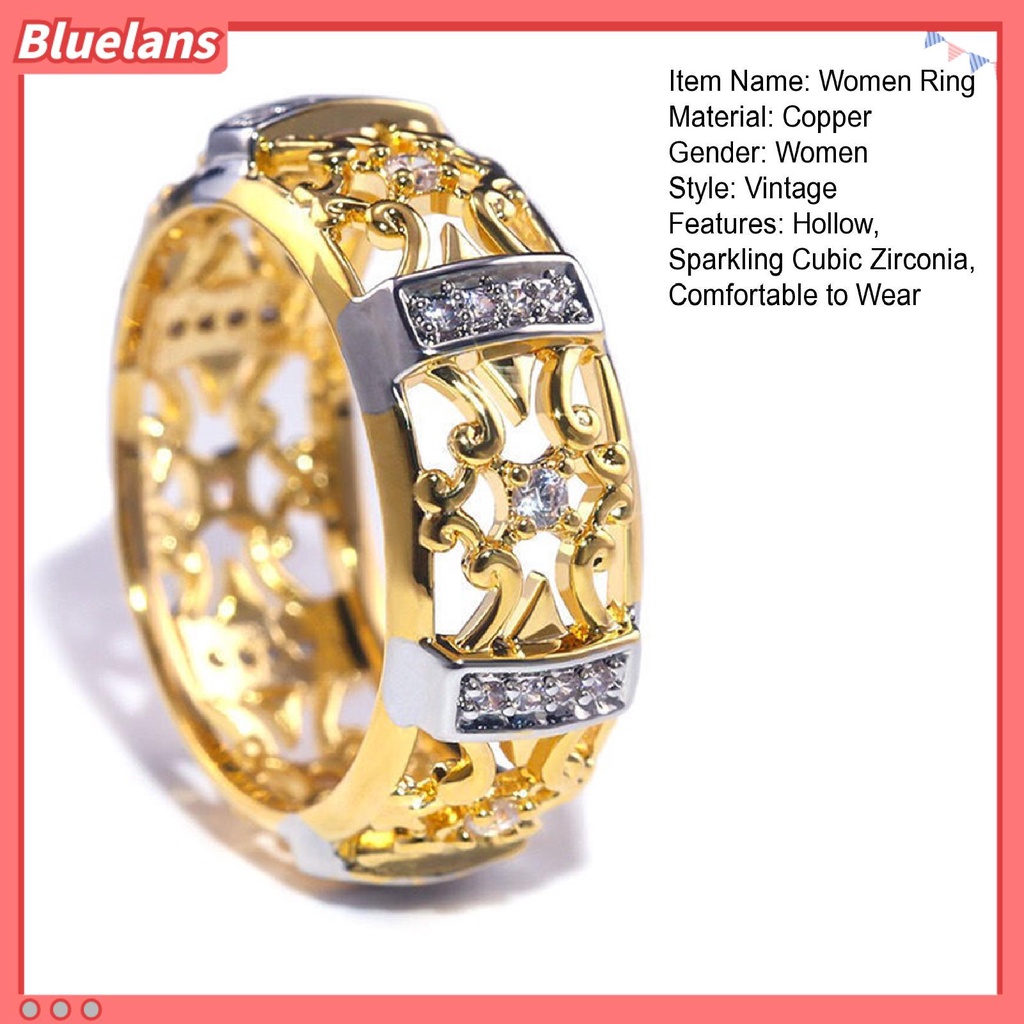[BLS] Wanita Cincin Gaya Vintage Berongga Ukiran Dua Warna Kuno Bling Cubic Zirconia Ladies Finger Ring Fashion Perhiasan