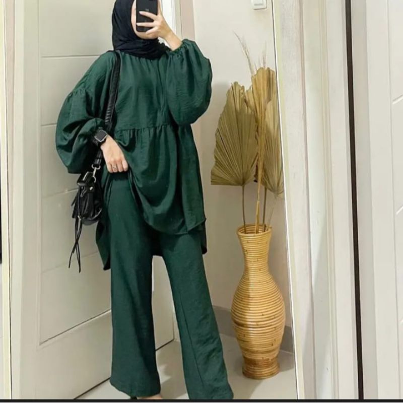 Beca One Set Setelan Cutbray Lengan Balon Pololinen setcel wanita remaja kemeja dan celana terbaru kekinian korean style