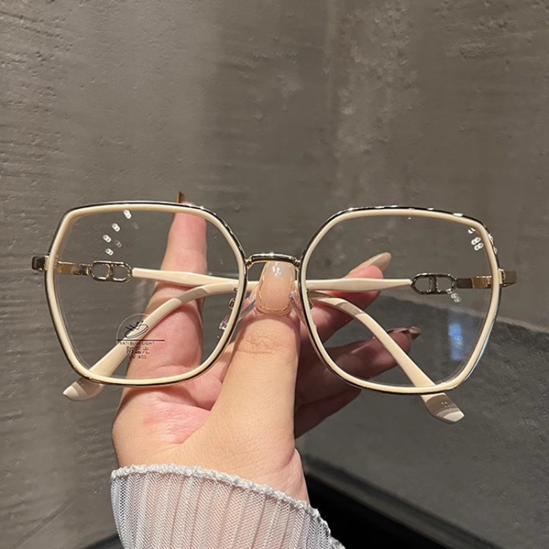 (YUZHU) Korean Fashion Fine Flash Anti Blue Light Eyeglasses Cream White Oversized Frame Eyeglasses Untuk Wanita