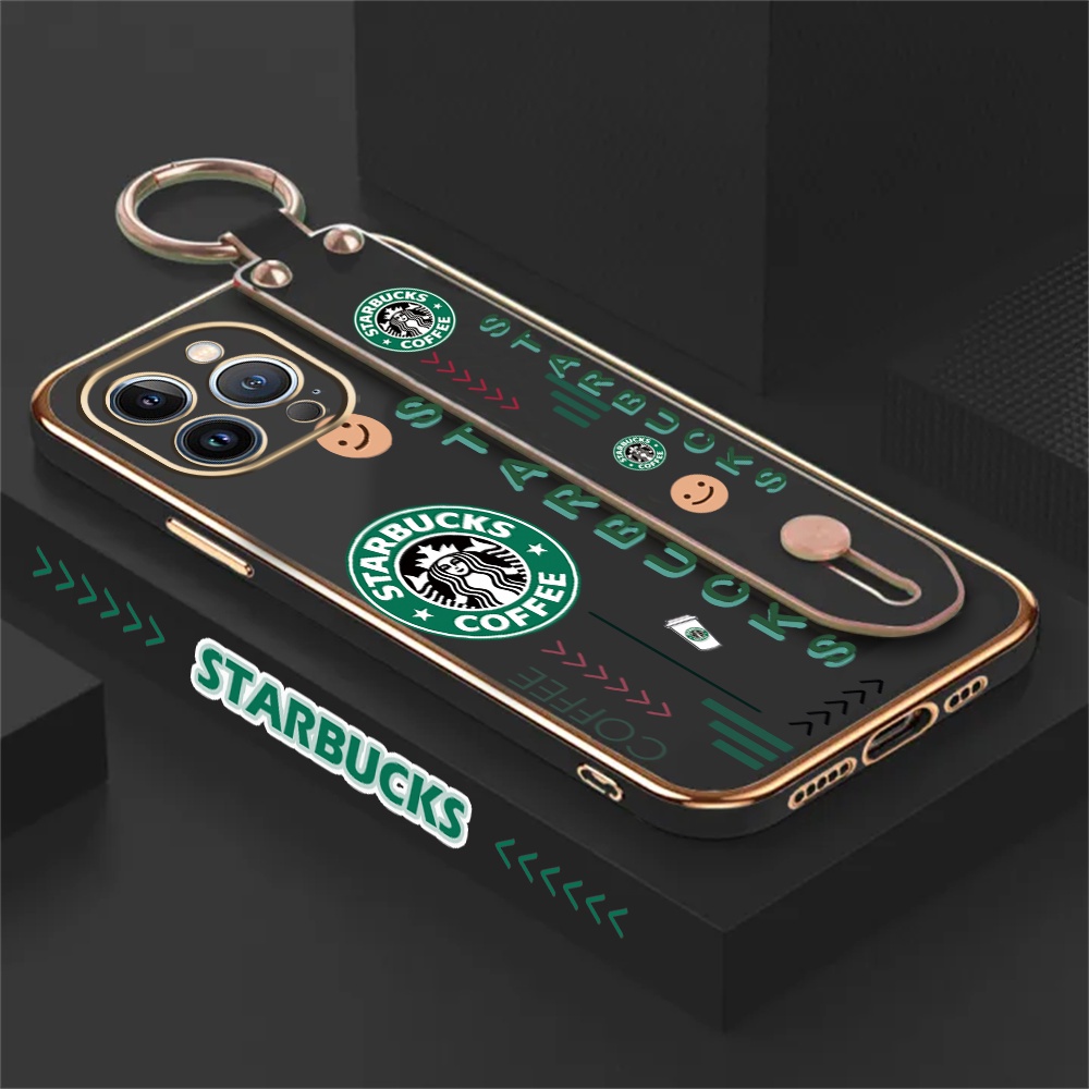 IPHONE Casing Mewah Kompatibel Untuk Iphone14 Pro Max Iphone14Plus iPhone13 iPhone12 iPhone11 Xs Starbucks Stand Holder Lipat Plating Fashion Karet Soft Cover