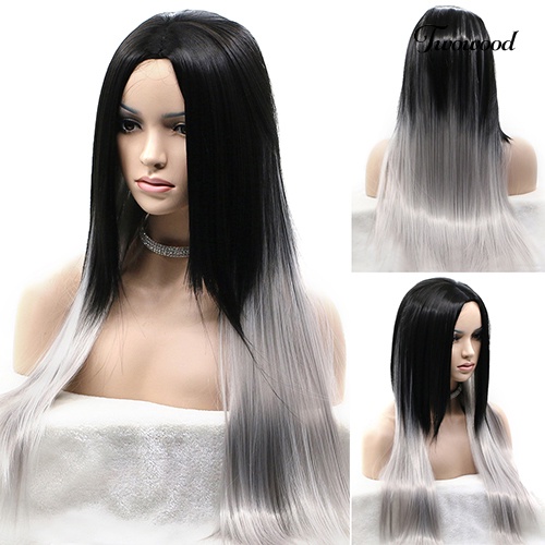 Twowood Wanita Seksi Panjang Lurus Wig Rambut Tahan Panas Hitam Ombre Abu Wig Pesta