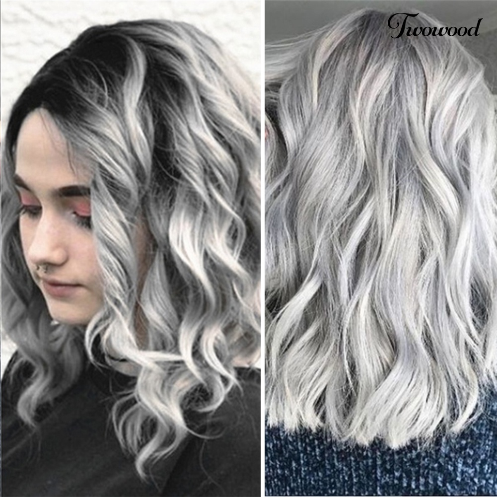 Twowood Gradient Grey Side Parting Curly Wig Wanita Panjang Bahu Cosplay Sopak