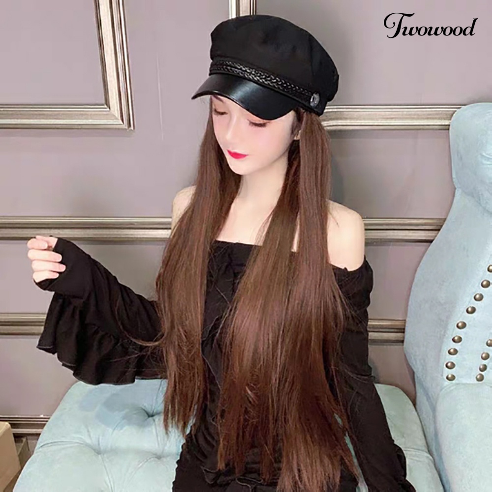 Twowood Wanita Fashion Rambut Palsu Panjang Gelombang Lurus Hairpiece Hair Extension Dengan Topi Berujung