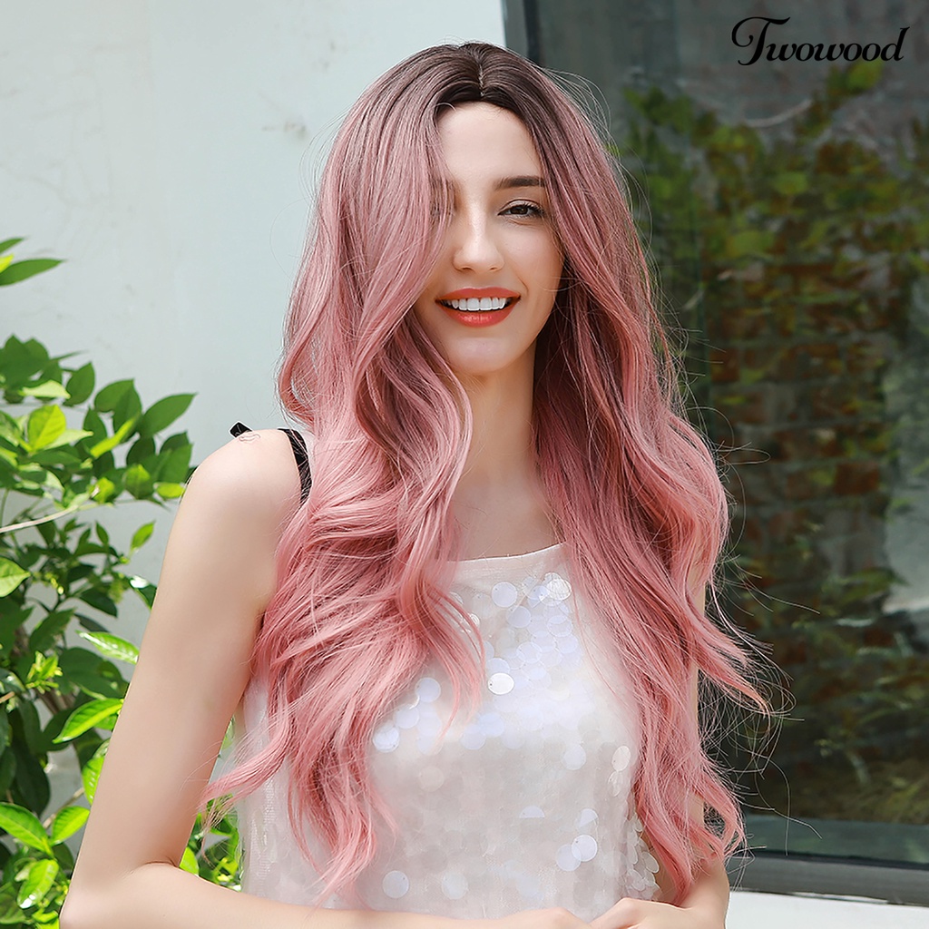 Twowood Wig Extension Rambut Sintetis Model Serat Air Bergelombang Panjang Suhu Tinggi Untuk Wanita