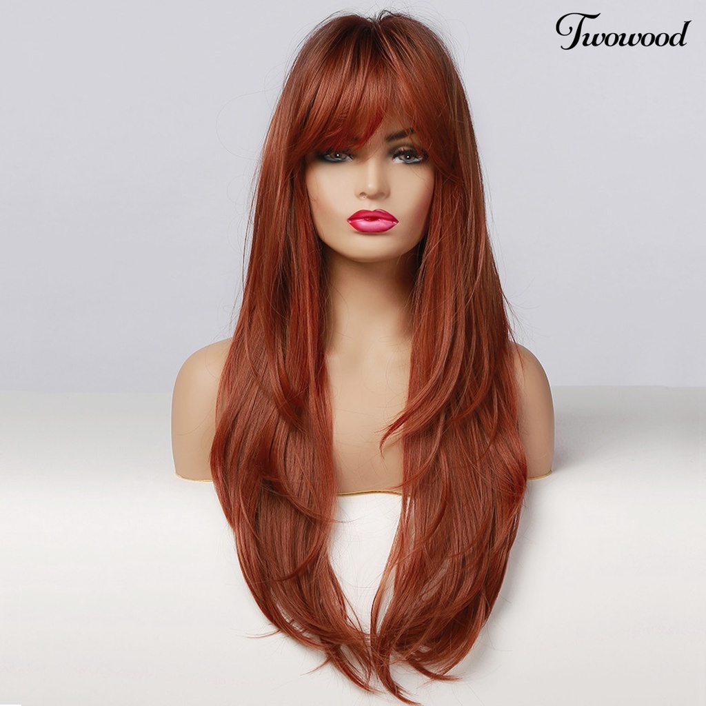 Wig Cosplay Twowood Dyed Halus Ringan Merah-Coklat Wig Poni Miring Lurus Panjang Untuk Kehidupan Sehari-Hari