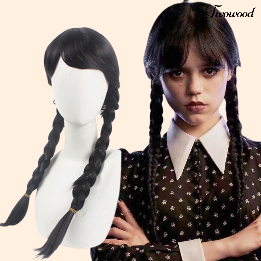 Twowood Cosplay Wig Simulasi Jangan Perm Halus Cakupan Penuh Bermain Peran Tanpa Simpul Panjang Hitam Kepang Rambut Dengan Poni Wanita Wig Pesta Supply