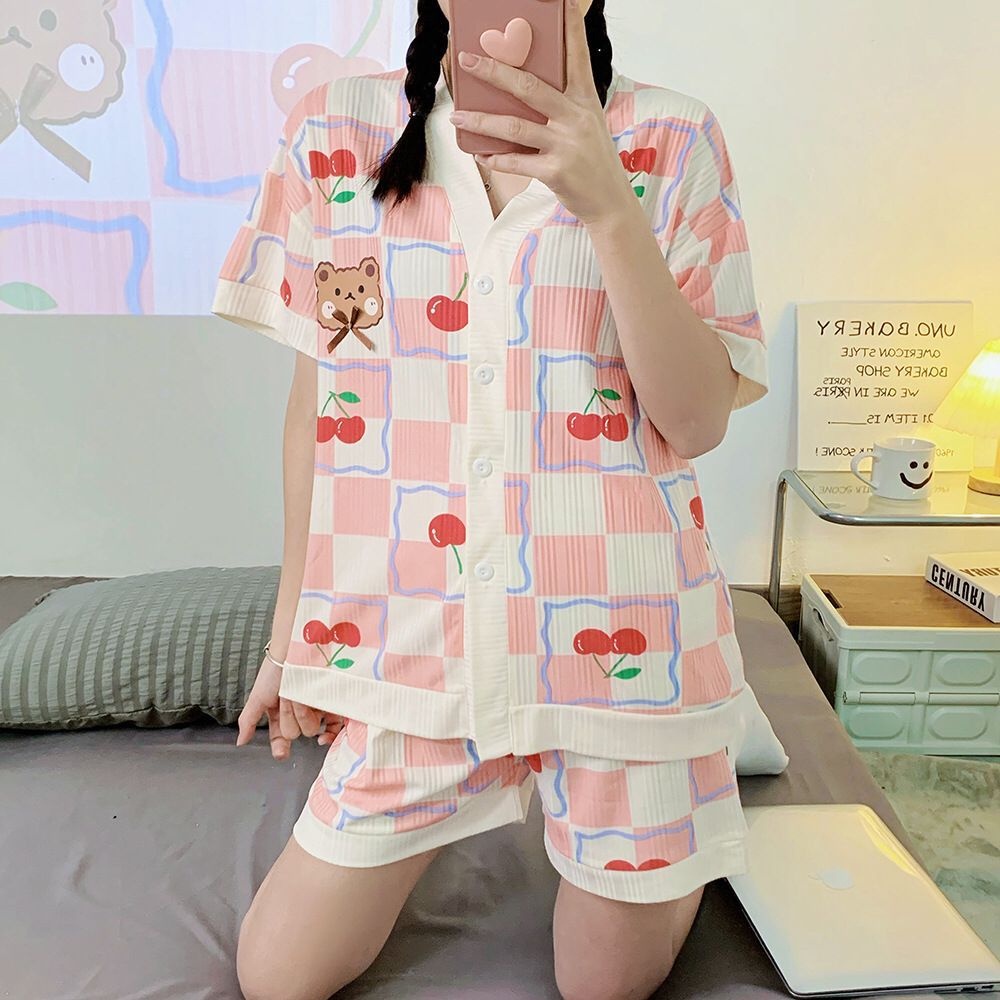 TOPGROSIR TG1732 Baju Tidur Piyama Set Wanita Import High Quality Premium Motif Square Kartun Lengan Dan Celana  Pendek