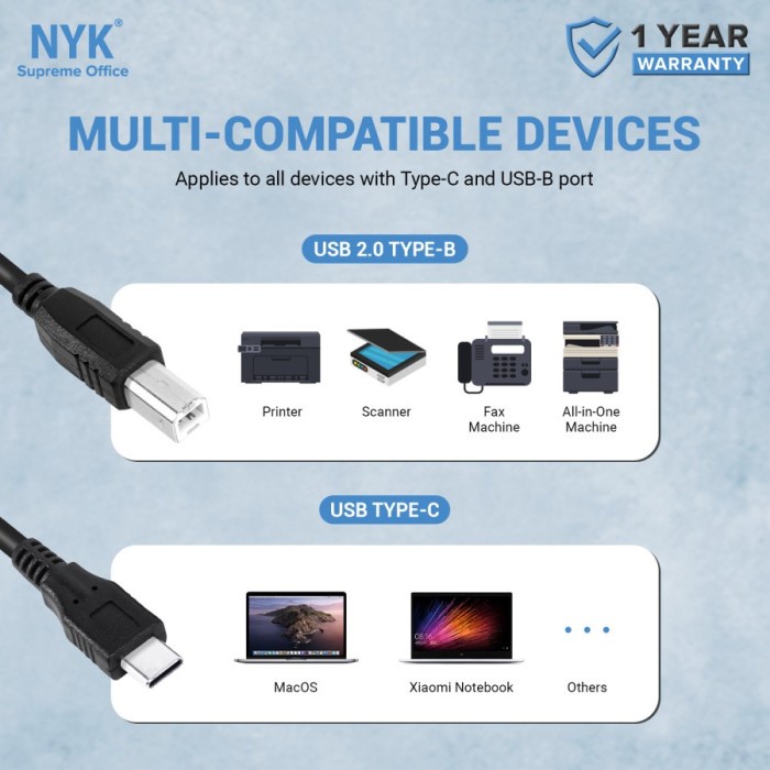 Kabel NYK Type-C to USB 2.0 Type-B 1.5M / Type C to USB Printer