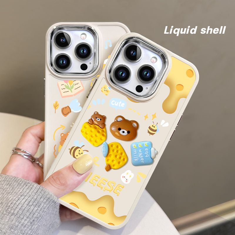 IPHONE Beruang Keju Kecil Bingkai Logam Soft Shell Cream White Desain Phone Case Kompatibel Dengan Iphone12 13 14 11 Pro Max X Xs Max Xr Frfr