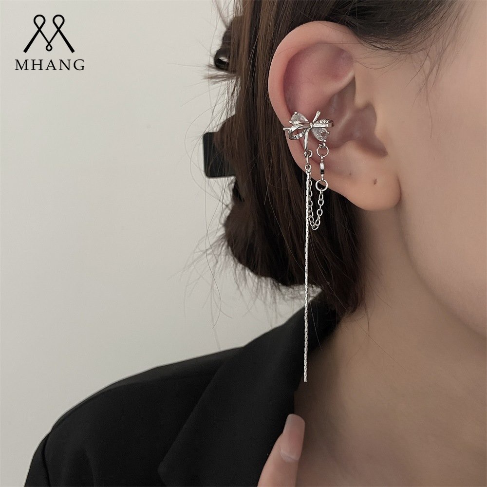 Anting Klip Busur Zirkon Korea Temperamen Anting Rumbai Perak Panjang Untuk Wanita Aksesoris Baru Untuk Musim Semi2023