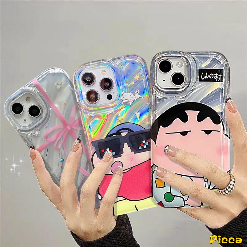 Mewah Dazzle Warna Kartu Laser Kacamata Hitam Keren Crayon Shin-Chan Case Kompatibel Untuk IPhone XR 11 13 14 12 Pro Max7 8 6 6S Plus X XS MAX SE 2020 Case 3D Dengan Stiker Hati Berlian