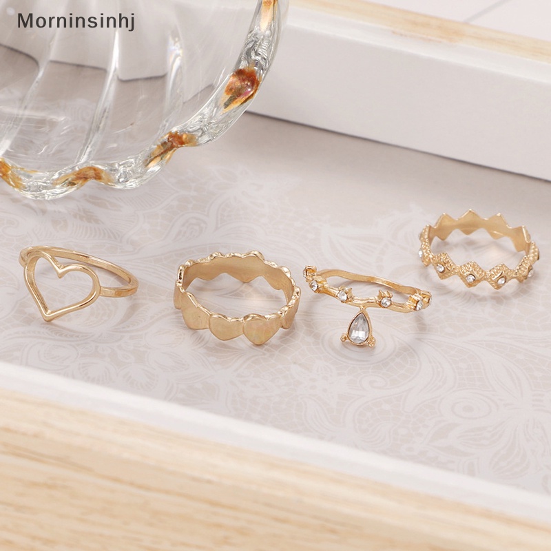 Mornin 4Pcs /Set Korea Fashion Temperamen Berlian Imitasi Geometri Jantung Cincin Set Untuk Wanita Perhiasan id