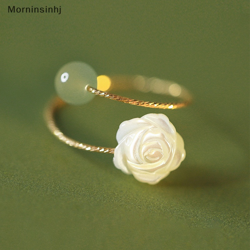 Mornin Vintage Fashion Hotan Jade White Rose Flower Open Rings Untuk Wanita Cincin Yang Dapat Disesuaikan Pesta Pernikahan Perhiasan Hadiah id