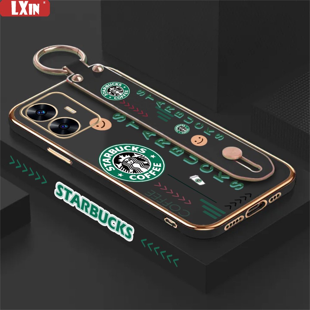 Starbucks Case Realme C53 C55 C21Y C25Y C33 C30 C35 C31 Realme10 5i 6i C11 2021 C15 C12 C25 C20 C2 Narzo 50A Fashion Dudukan Lipat Holder Mewah Plating Karet Soft Cover