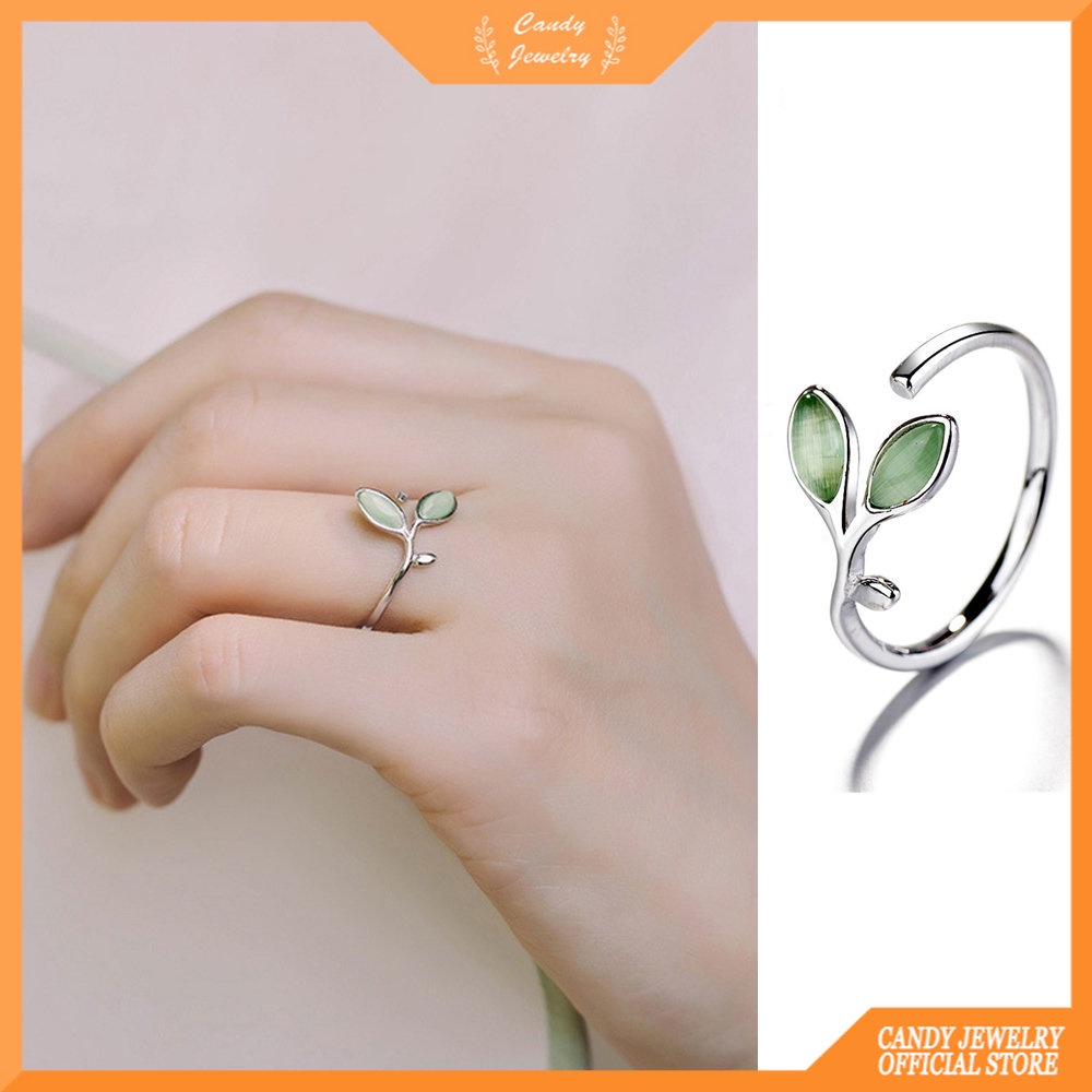 Cincin Silver Casual Desain Daun Hijau Hias Kristal Untuk Wanita