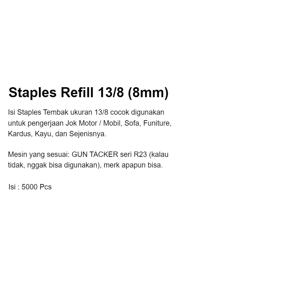 PROMO !!! isi staples tembak R23 13/8 isi 5000pcs untuk staples jok motor mebel sofa bingkai - Stapler tacker hekter gun refill 13mm 8mm