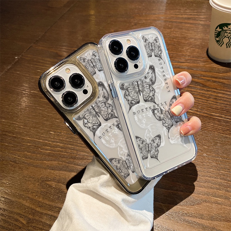 IPHONE Casing Kupu-Kupu Retro Fantasy Untuk Iphone6 Kompatibel 7 8 6Plus 7Plus 8Plus 11 14 Pro Max X XS XR 11 12 13 14 Pro Max SE 2020 2022 Plating Electroplated Buttons Shockproof Cover