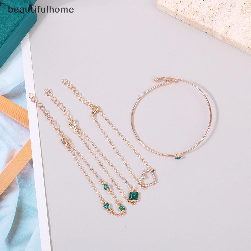 {beautifulhome} 4pcs/set Bertatahkan Batu Permata Hijau Gelang Set Perhiasan Untuk Wanita Gadis Jantung Gelang Pernikahan Pertunangan Gelang Fashion Pesta Perhiasan Hadiah.