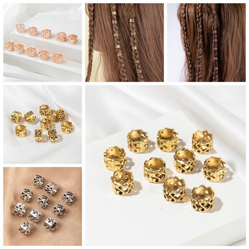 AUGUSTINA 10pcs /set Manik-Manik Rambut, Klip Cincin Rambut Perak, Perhiasan Manik-Manik Rambut Gimbal Kepang Bahan Alloy Emas Untuk Pesta