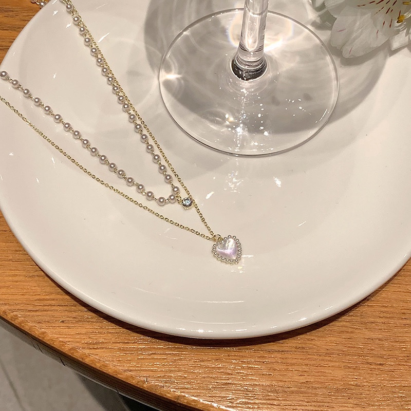 Musim Panas Mutiara Double Layer Cinta Kalung Wanita Cahaya Mewah High-End Desain Niche Susun Indah Klavikula Rantai Kalung ins