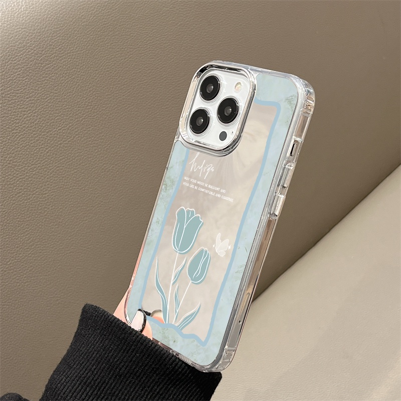 IPHONE Casing Ponsel Cermin Kupu-Kupu Tulip Elegan Kompatibel Untuk Iphone11 12 13 14 12Pro 13Pro 14Pro Pro Max XR X XS Max Electroplating Tombol Perlindungan Mirror Cover