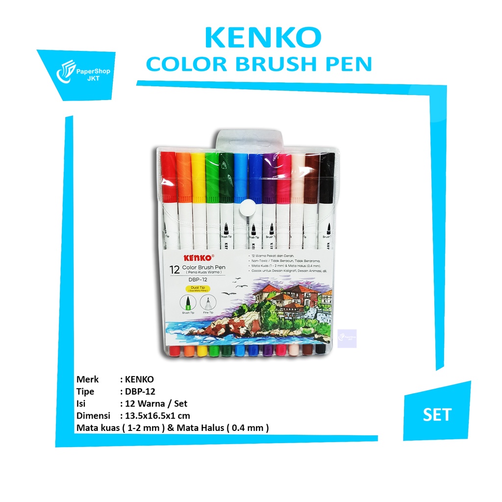 KENKO - Color Brush Pen DBP-12 Dual Tip 12 Warna - Set