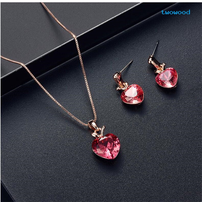 Twowood Set Perhiasan Pengantin Peach Heart Apple Heart Pendant Kalung Anting Dua Potong Set