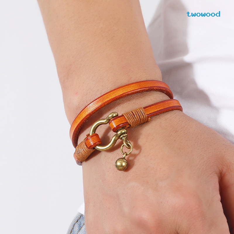 Twowood Eropa Dan Amerika Kreatif retro Dua Lingkaran Pria Gelang Kulit Sederhana Tapal Kuda Gesper Gelang