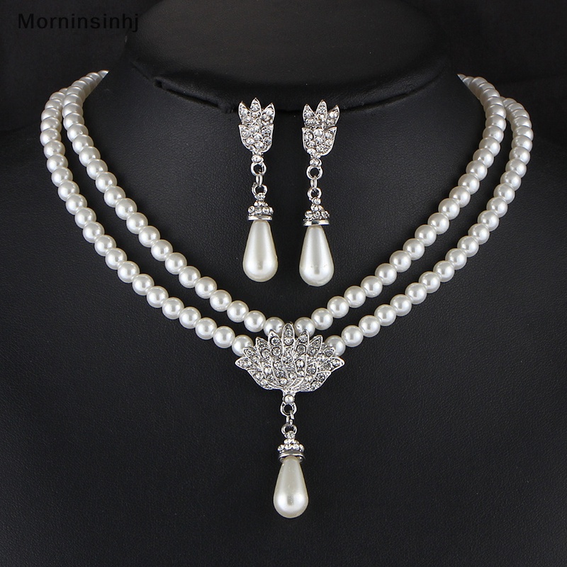 Mornin Elegan Simulasi-Mutiara Set Perhiasan Pengantin Berlian Imitasi Pearl Drop Kalung+Anting Pernikahan Perhiasan Hadiah id