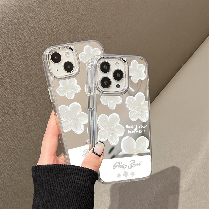 IPHONE Casing Ponsel Cermin Bunga Putih Elegan Kompatibel Untuk Iphone11 12 13 14 12Pro 13Pro 14Pro Pro Max XR X XS Max Electroplating Tombol Perlindungan Mirror Cover