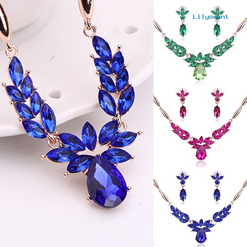 [LS] Berlian Imitasi Wanita Liontin Bunga Alloy Kalung Anting Pernikahan Perhiasan Set