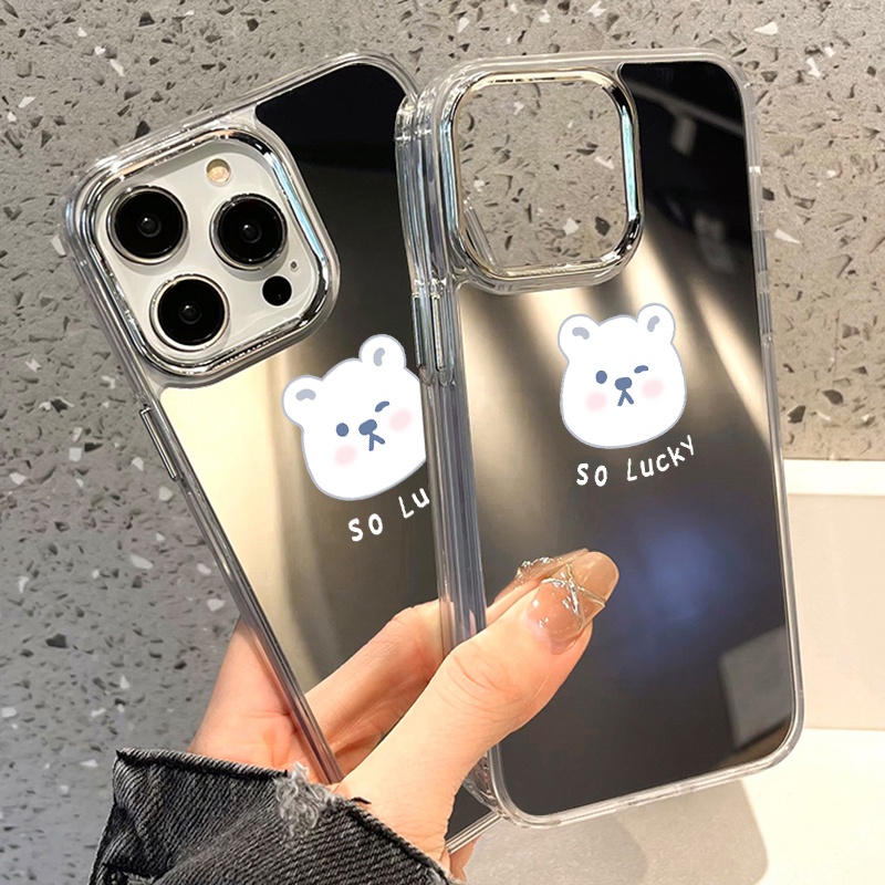 IPHONE Casing Ponsel Cermin Beruang Sederhana Kompatibel Untuk Iphone11 12 13 14 12Pro 13Pro 14Pro Pro Max XR X XS Max Electroplating Tombol Perlindungan Mirror Cover