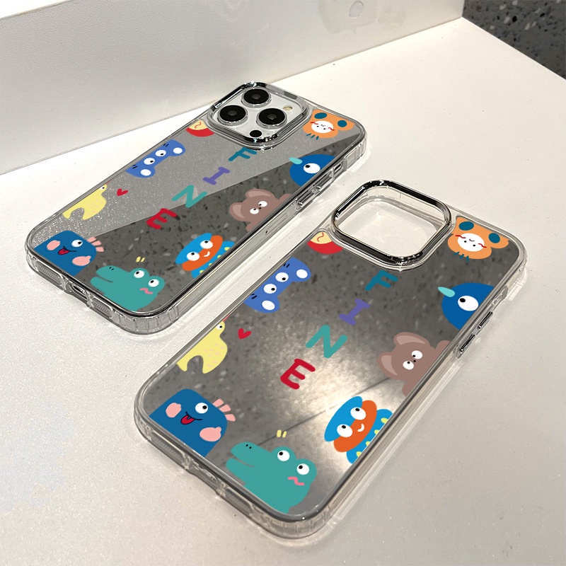 IPHONE Kartun Hewan Cermin Ponsel Case Kompatibel Untuk Iphone11 12 13 14 12Pro 13Pro 14Pro Pro Max XR X XS Max Electroplating Tombol Perlindungan Mirror Cover