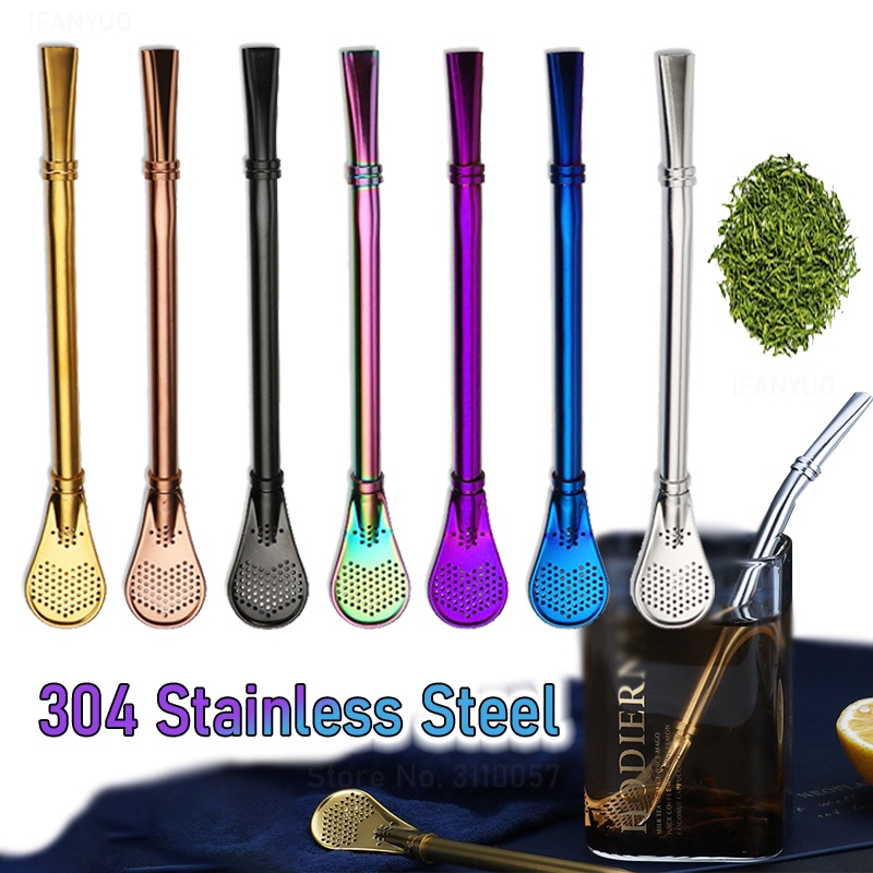 Sedotan Minum Teh Stainless Steel 304sendok Yerba Mate Tea Filter Spoons Reusable Bombilla Labu Alat Teh Kopi Sedotan Pengaduk Kreatif 2in1 Sendok Teh