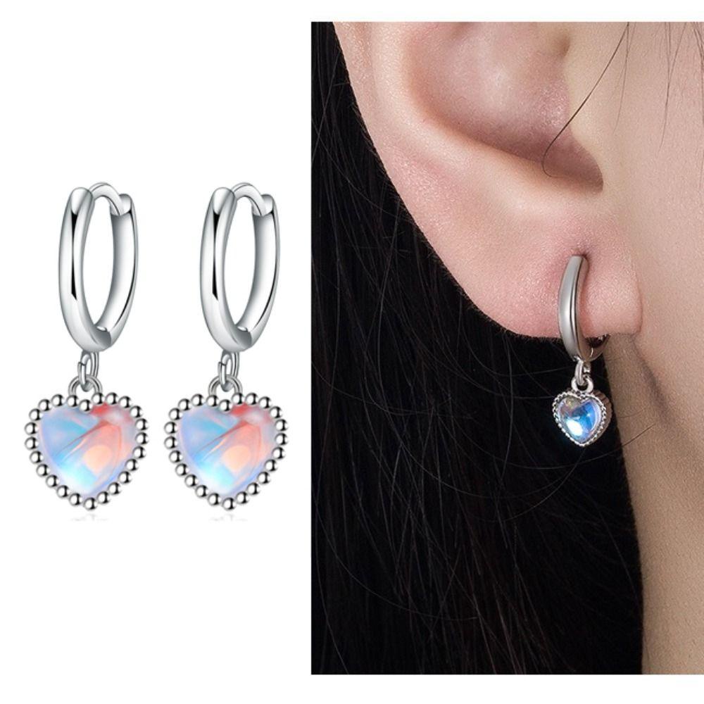 Lily 2Pcs Anting Moonstone, Hoop Anting Liontin Berbentuk Hati, Fashion Liontin Berbentuk Hati925 Sterling Silver Heart Ear Buckle Untuk Wanita