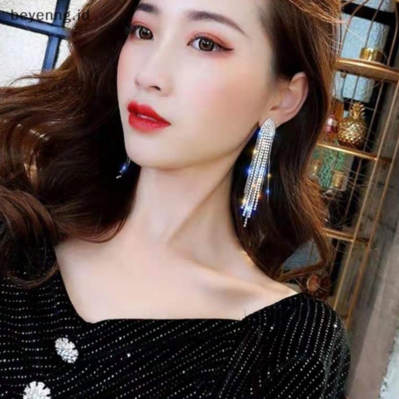 Beyen Panjang Rumbai Penuh Berlian Imitasi Drop Earrings Untuk Wanita Ovsize Kristal Menjuntai Anting Fashion Perhiasan Aksesoris ID