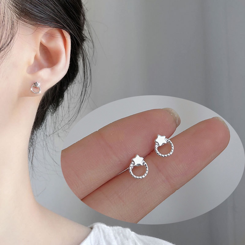 Lucu Bintang Anting Pejantan Bulat Untuk Wanita Mini Warna Silver Disepuh Ear Studs Daily Jewelry Earring Gift