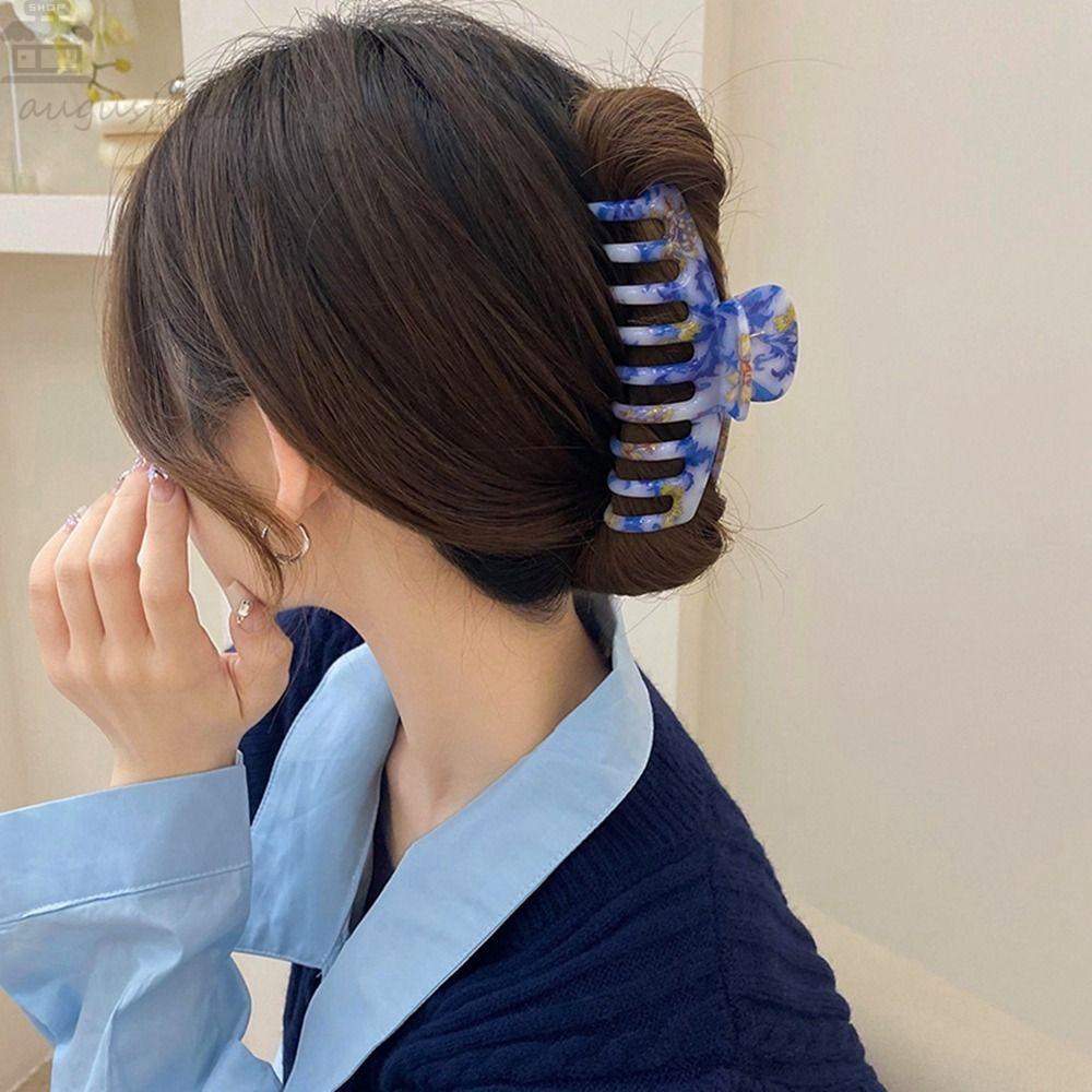 AUGUSTINA Klip Hiu Simple Elegan Cakar Rambut Gaya Korea Bentuk Geometris Biru Dan Putih Klip Grab Besar Untuk Hiasan Kepala Wanita
