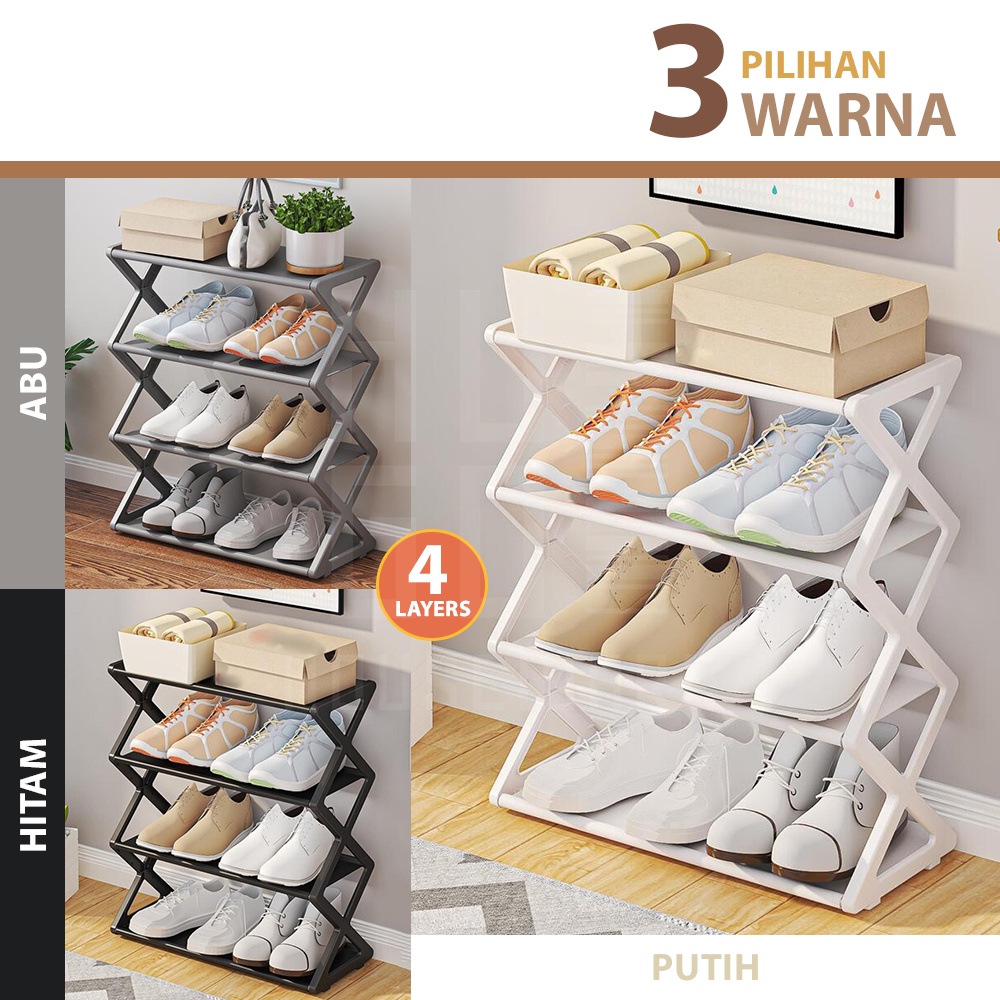 HUGO Rak Sepatu Portable 4 Susun Tempat Sepatu Sandal Serbaguna Minimalis Stainless Steel Kokoh