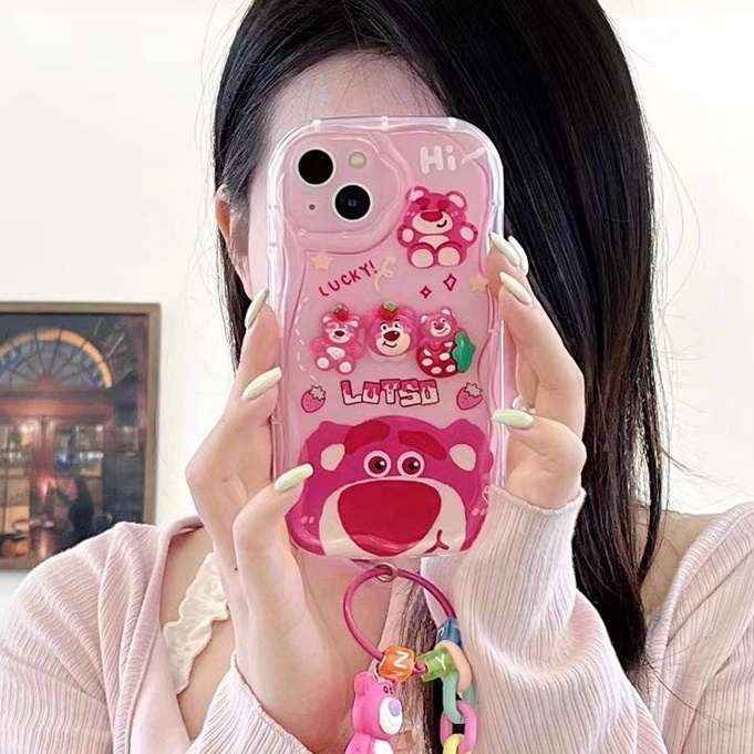 3D Ice Cream Strawberry Bear Lotoso Soft Case IPhone XR XS MAX 11 12 13 14 Pro Max 14 Plus New Apple for Women Girls Gift Bracelet Airbag Case Pink Red Cute Cartoon