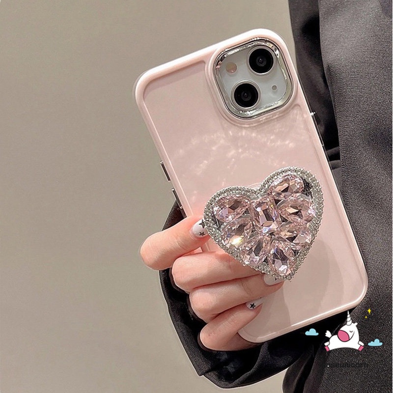 Casing Ponsel Bingkai Lensa Logam Plating Sederhana Kompatibel Untuk IPhone 7plus XR X11 13 14 12 11 Pro Max7 8 Plus XS MAX Mewah Warna Macaron Cinta Hati Berlian Holder Bracket Soft Cover