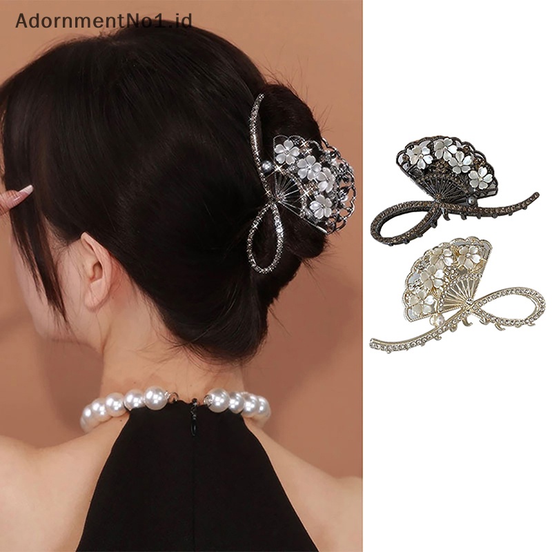 [AdornmentNo1] Elegan berbentuk kipas bunga berlian imitasi besar Grip klip Ponytail cakar hiasan kepala Vintage hiu klip untuk gadis aksesoris rambut hadiah