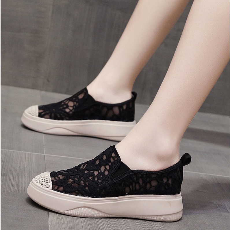 LC NEW ARRIVAL Sepatu Wanita 0187 Slip On Korea Brokat ELEGAN CANTIK Pesta Santai Keren Trend Casual Kualitas bagus Impor