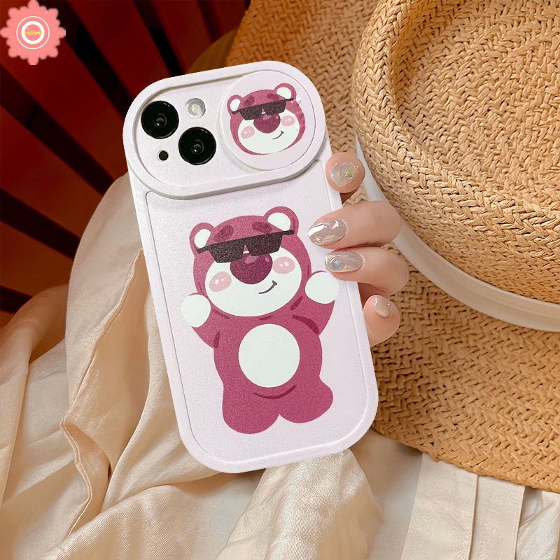 Cartoon Funny Dinosaur Strawberry Bear Lotso Case Compatible for iPhone 7Plus 11 13 12 11 Pro Max XR 8Plus X XS Max Push Pull Window Camera Lens Protector Soft Cover