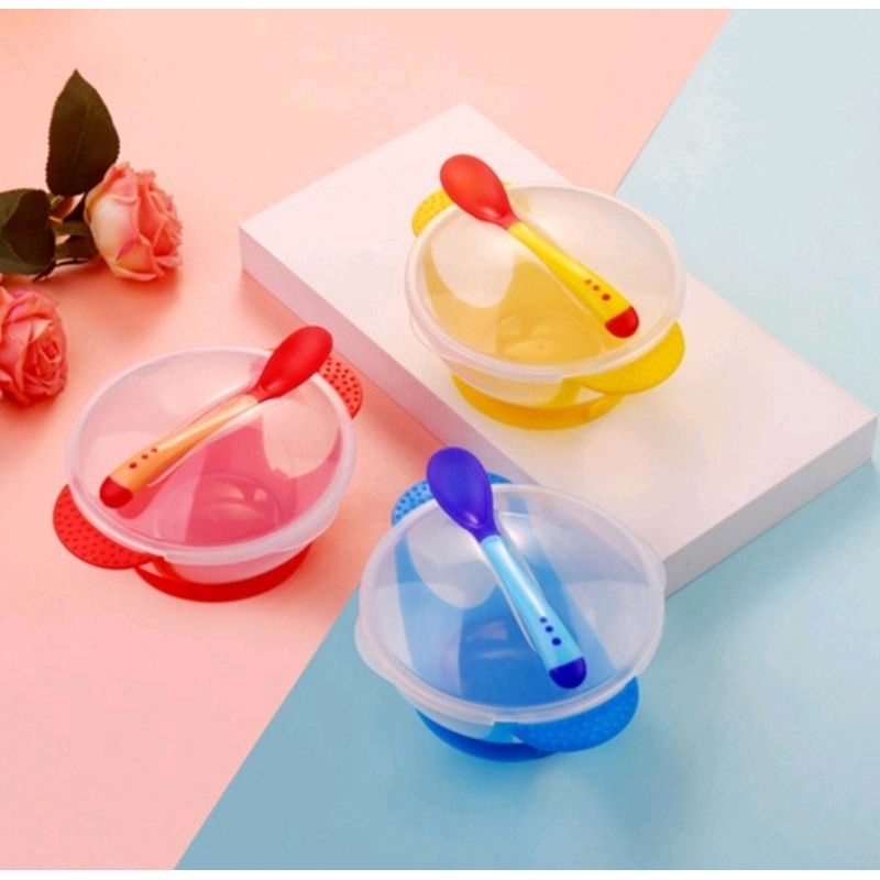 TGM - Mangkok + Sendok + Tutup Mangkok Makan Bayi Sensor Panas Mangkuk Tempat Makan Bayi Anti Tumpah Suction Bowl Anti Slip