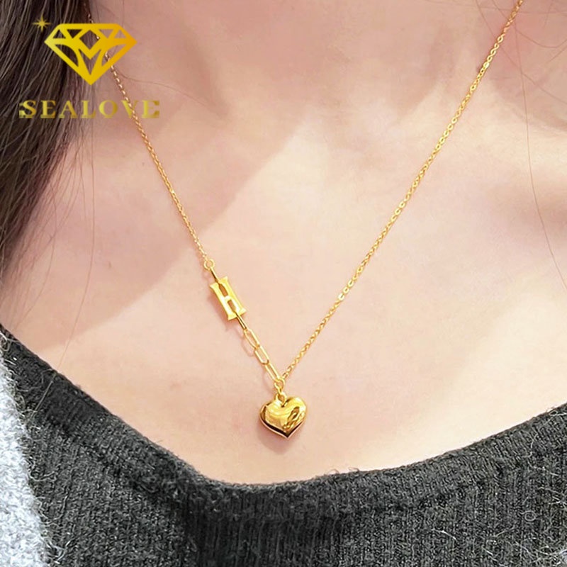 Kalung Titanium Huruf H Hati Cantik Aesthetic Korea Emas 18K Aksesoris Wanita Perhiasan Fashion